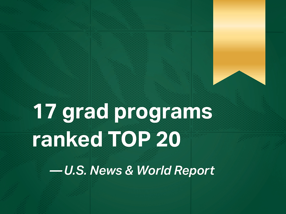 Green background with a gold ribbon and text that reads "17 grad programs ranked top 20"