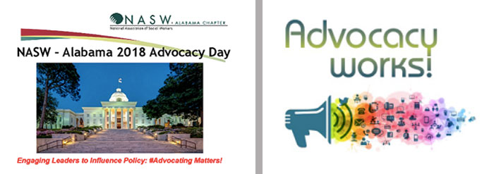 Poster for the NASW Alabama advocacy day 2018, featuring a picture of the Montgomery capitol building.