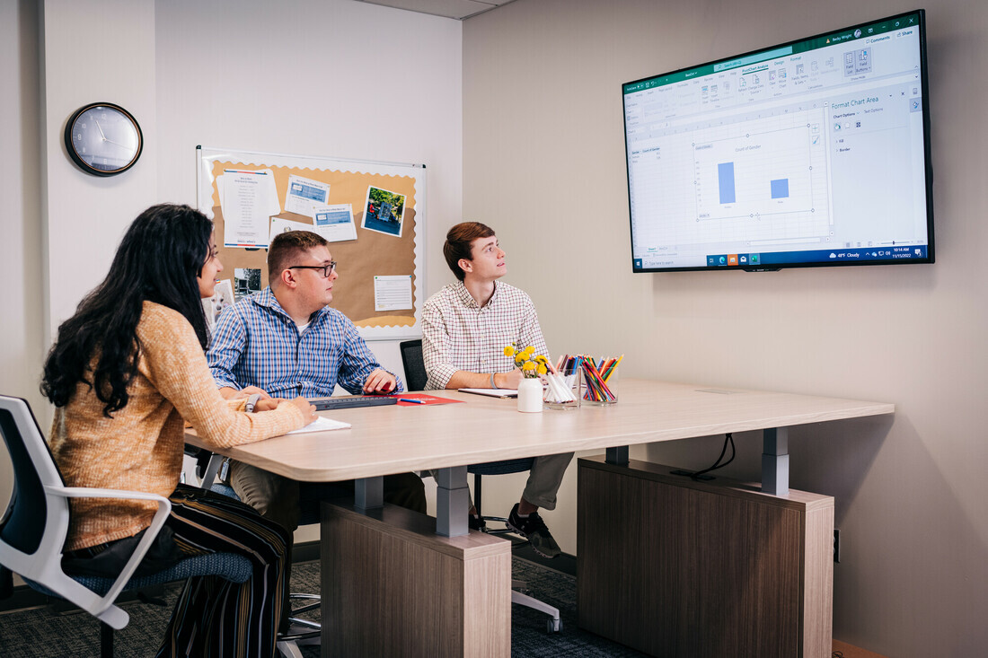 Medical sociology students review data together at a workspace