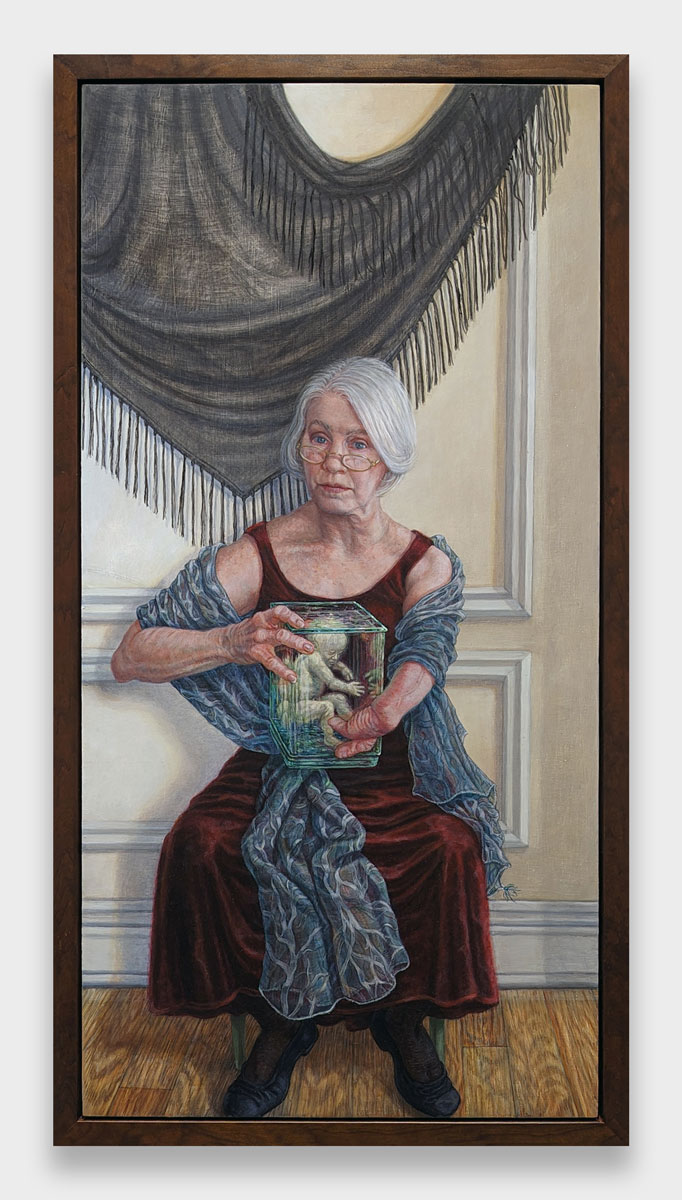 Painting of Garland-Thomson, seated and holding a featus in a glass box. She wears a red sleeveless dress and a blue shawl. 