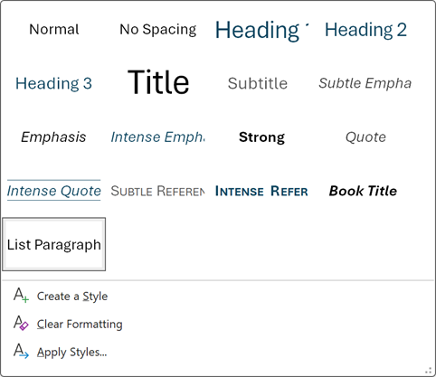 Screenshot of the styles options in Word.
