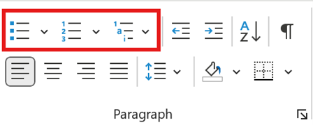 Screenshot of the list and bullet options in Word.