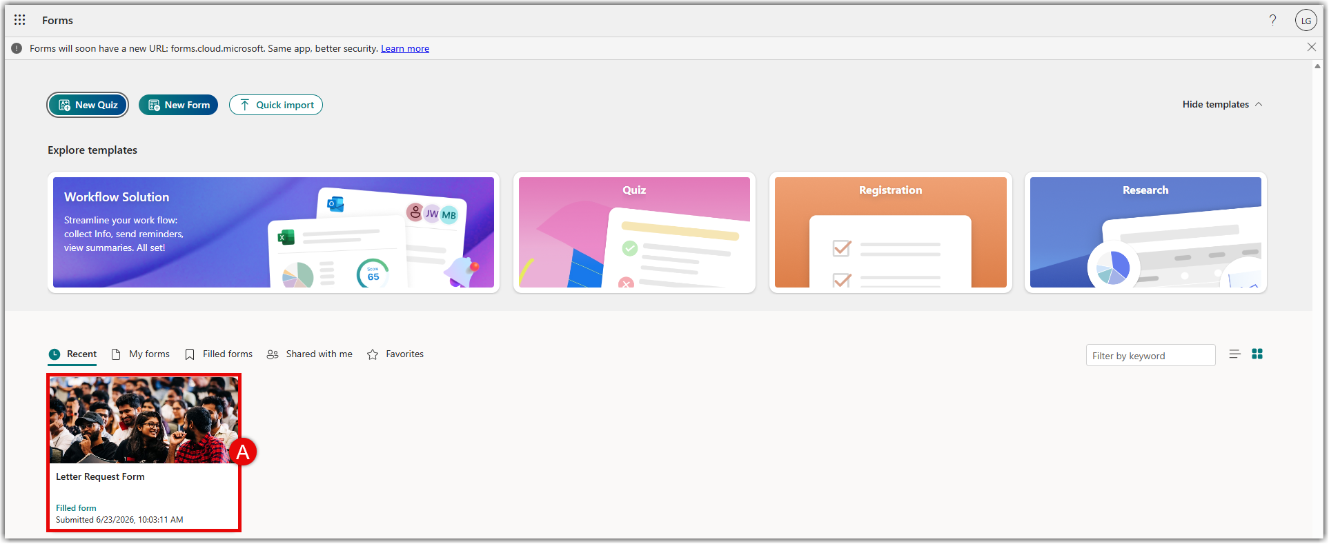 Microsoft Forms quiz list