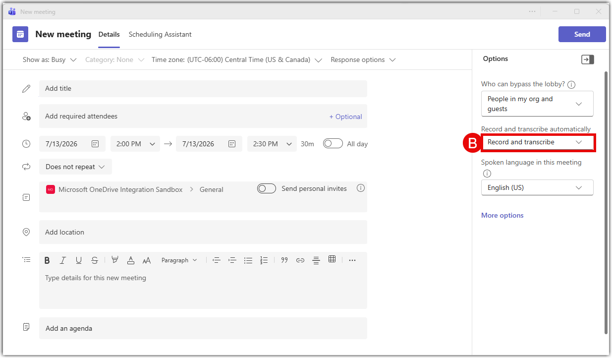 Meeting details and recording options