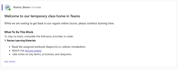 Teams General channel with welcome message and syllabus