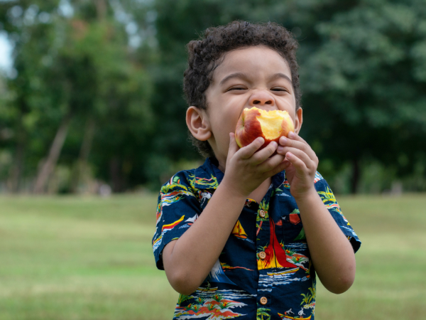 Child eating an apple outdoors