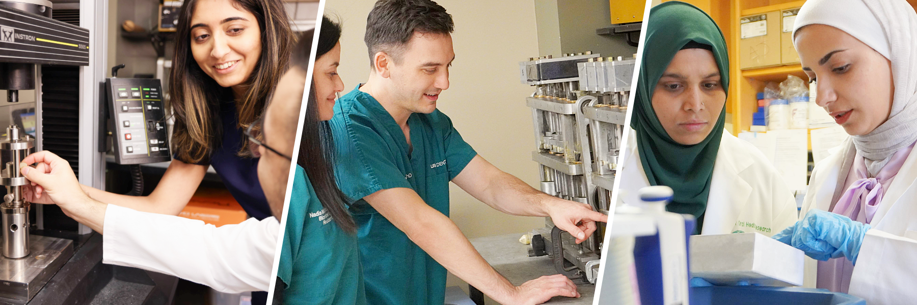 A collage of three photos of two UAB researchers working together in UAB SOD labs