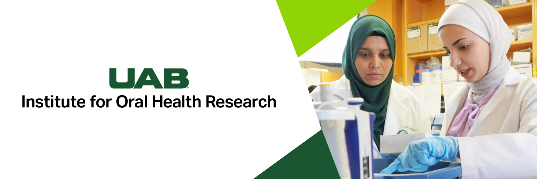 Institute for Oral Health Research logo and student researchers working in lab