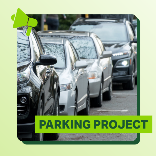 Picture of a row of parallel parked cars with text that reads Parking Project