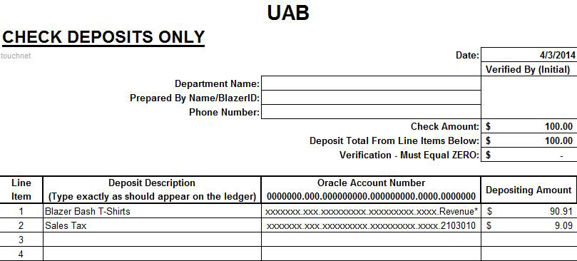 In the touchnet system, tax is listed as a separate item under the deposit description. For example, t-shirts and sales tax are listed seperately.