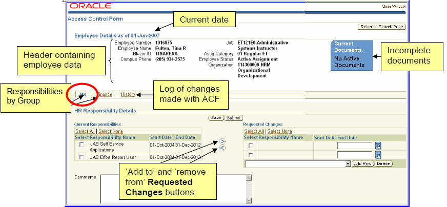 Screenshot of main HR tab page in Oracle. 