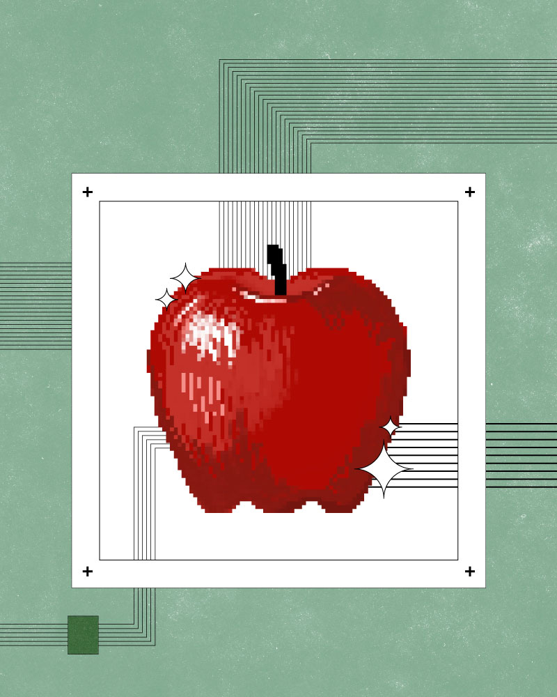 Illustrated image with a minty green background showing stylized circuitry feeding into a white space that holds a pixelated red apple. An apple a day keeps the doctor away.