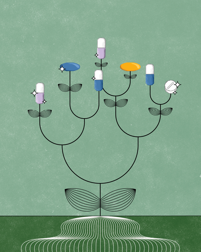 A stylized illustration of a plant. Evocative of computer circuitry. The blossoms of the plants are pixelated images of pills, multicolored capsules and tablets.