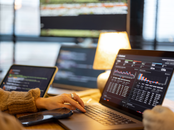 Reviewing data on a laptop