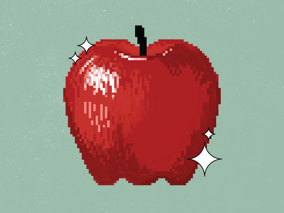 A pixelated illustration of a red apple sits against a mossy green background. Artwork represents a digital answer to the turn of phrase “an apple a day keeps the doctor away”.