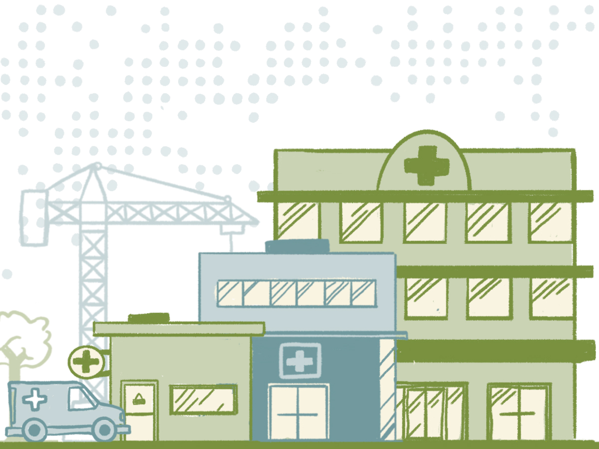 Illustration featuring a small clinic, a larger medical center, and a hospital marked with medical cross symbols. An ambulance is parked beside the clinic, while a construction crane and a wireless communication tower stand in the background.