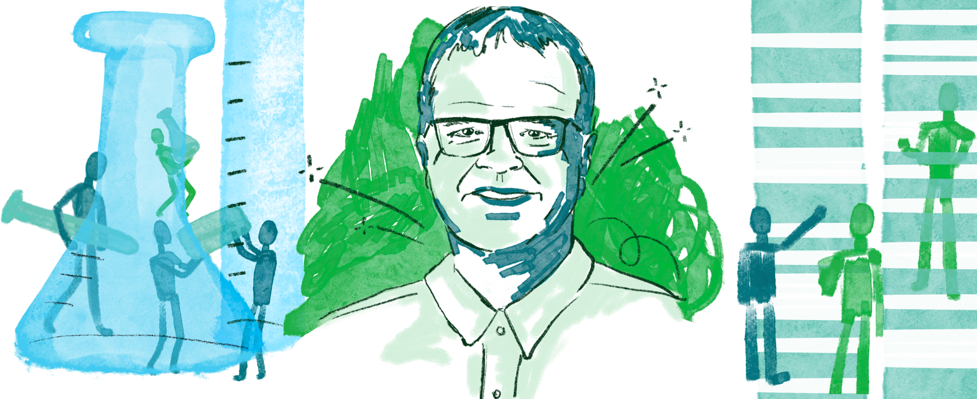 Illustrated green and blue portrait of Dr. John Engelhardt with depictions of lab equipment and DNA surrounding him.