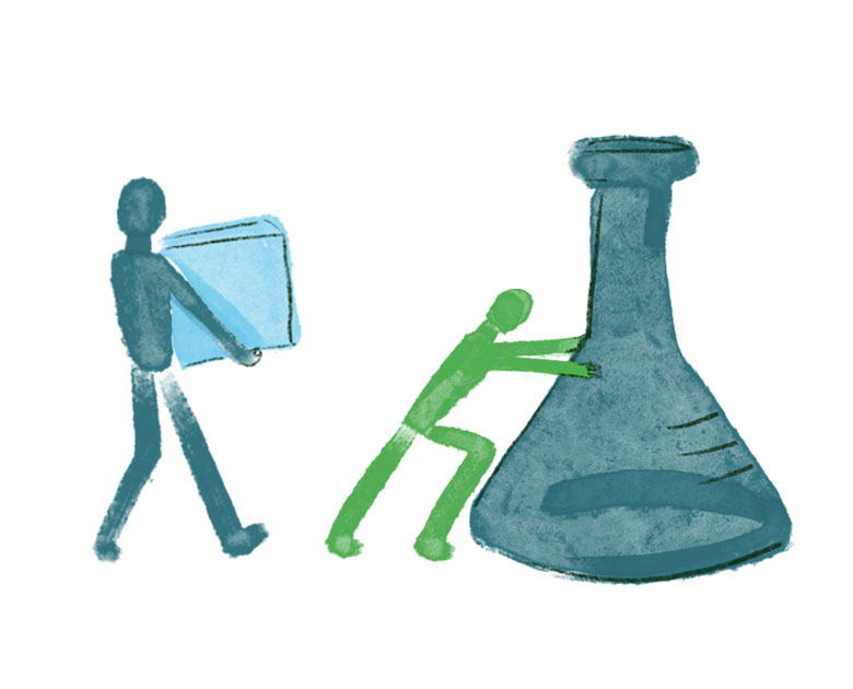 One illustrated figure carrys a box and another pushes an oversized erlenmeyer flask.