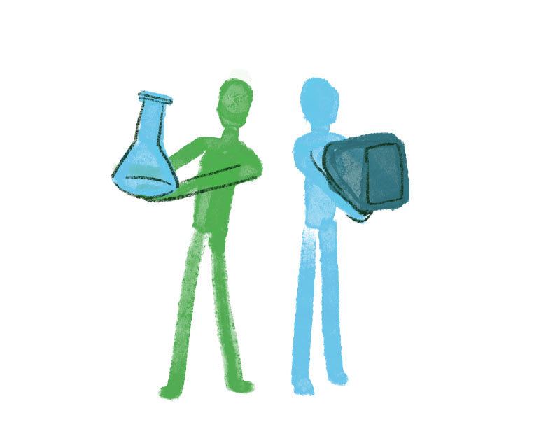 Illustrated stick figures swirl into action, two carry lab items, as though packing a moving truck.