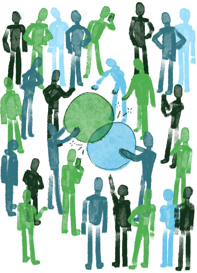 Illustration of twenty six people gathered to observe figures pushing circles together to overlap, creating a burst of energy and the form of a Venn diagram.