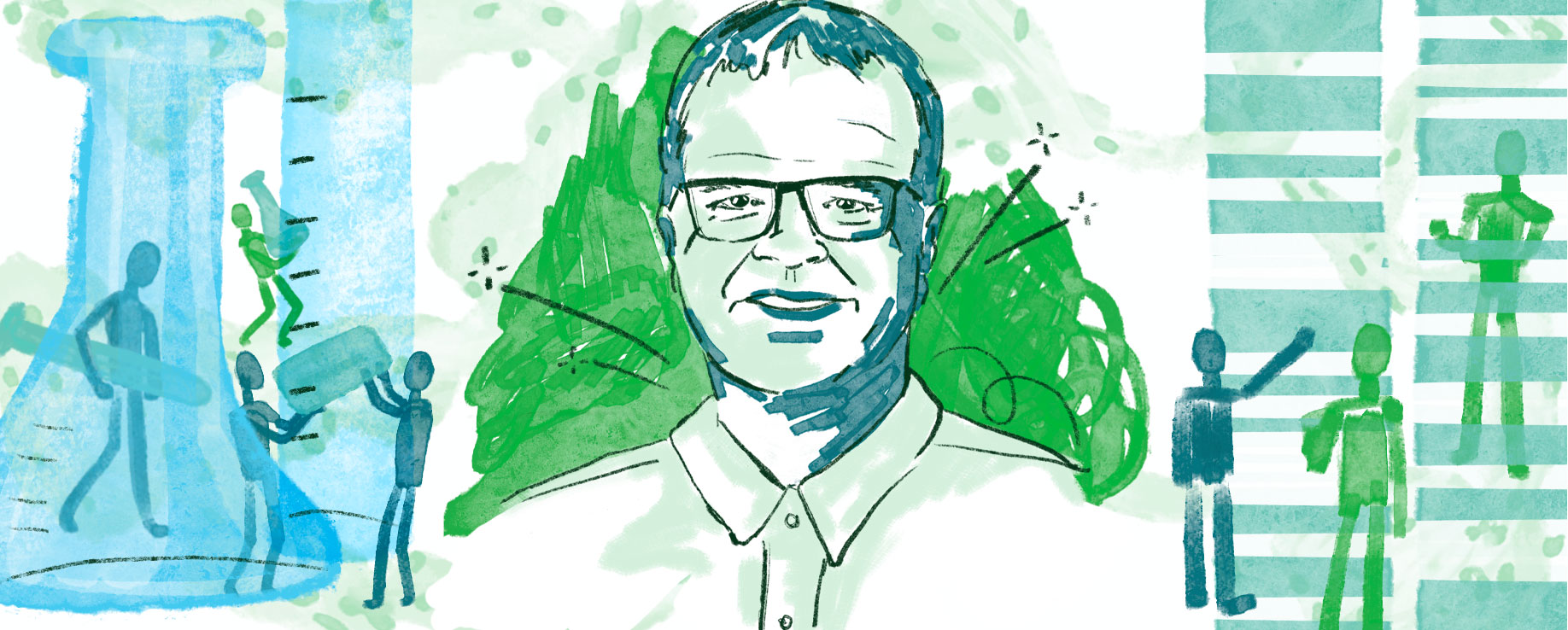 Illustrated green and blue portrait of Dr. John Engelhardt with depictions of lab equipment and DNA surrounding him.