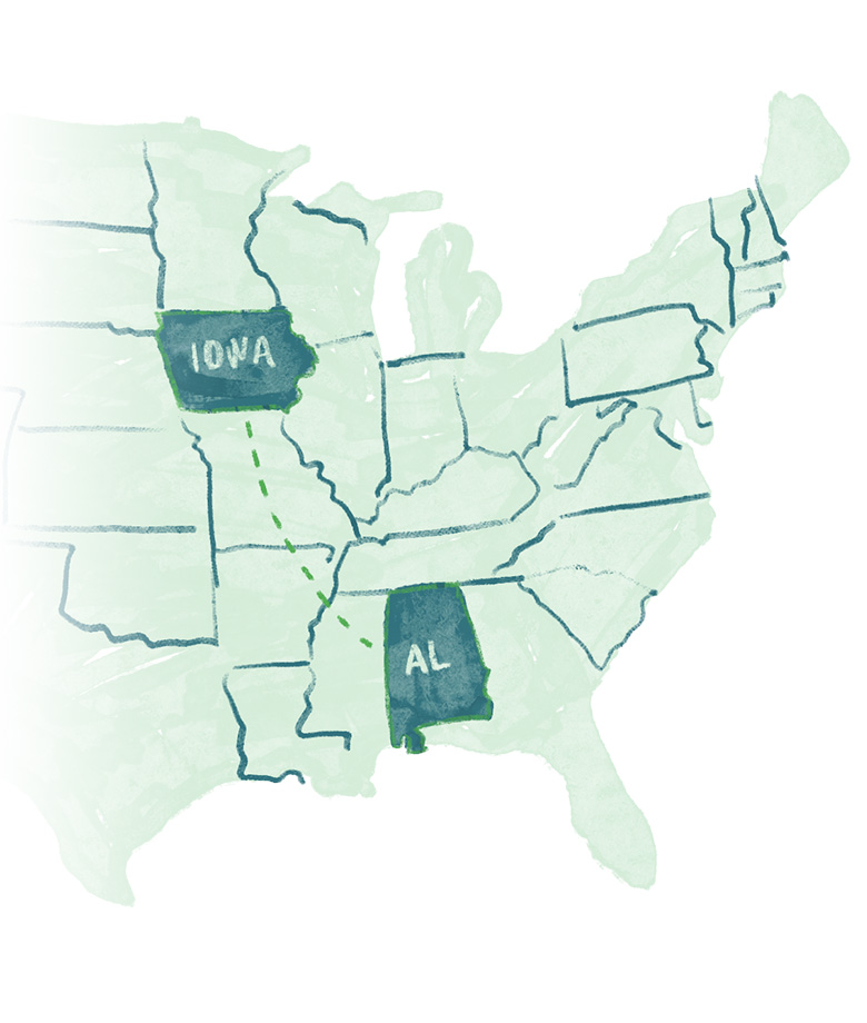 Illustrated map of the eastern side of the United States. Iowa and Alabama are highlighted, a dotted line between the two.