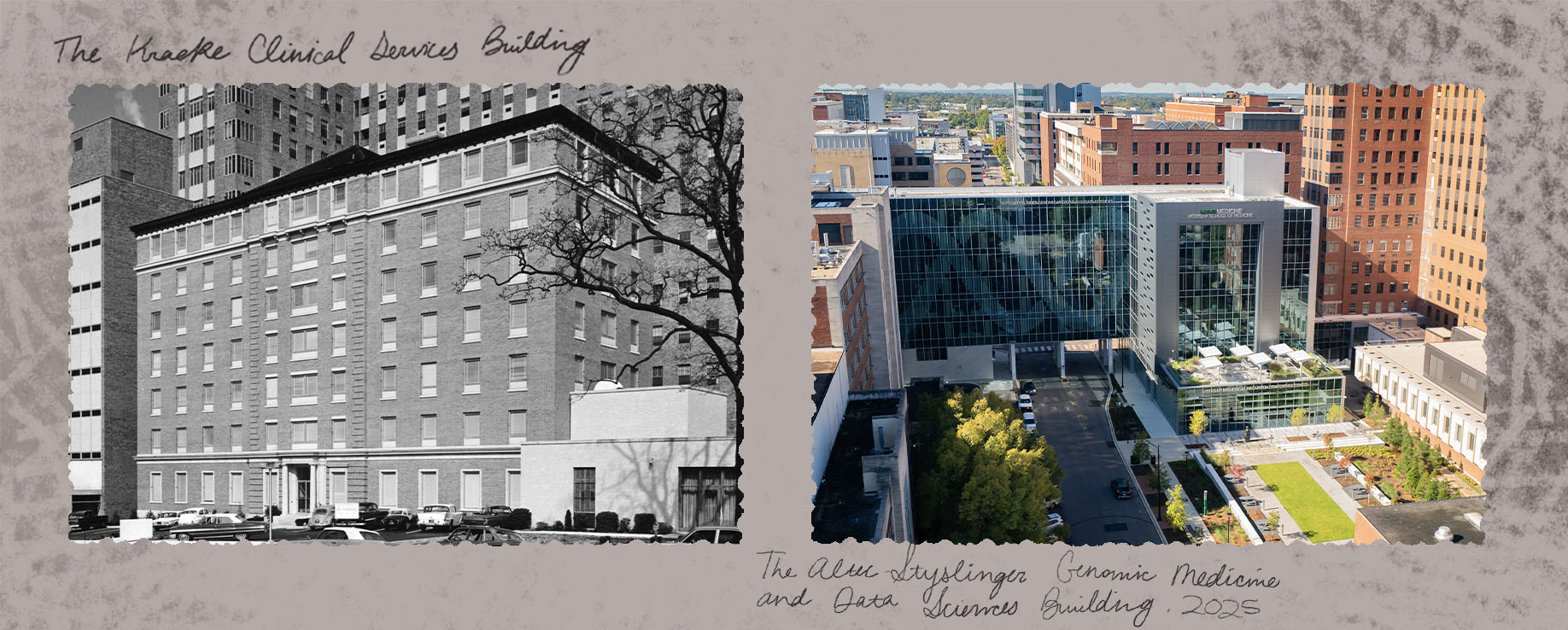 Two photographs of buildings, one shows an archival photo of The Kracke Clinical Services Building and the other is of the new Altec-Styslinger Genomic Medicine and Data Sciences Building.