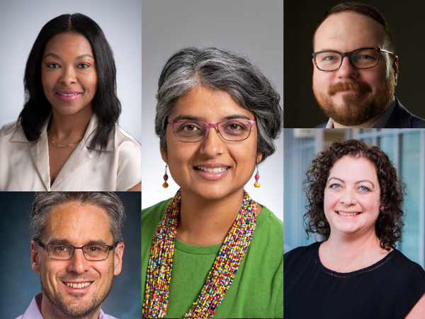 Collage of five professional headshots showing individuals in studio settings with neutral backgrounds and business attire