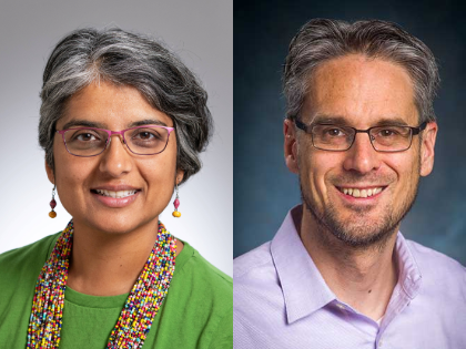 Two headshots: on left: Head-and-shoulders studio portrait of a person with short gray hair and glasses, wearing a bright green top and a multicolored beaded necklace, against a light gray background. On right:Head-and-shoulders studio portrait of a person with short salt-and-pepper hair, light facial hair, and glasses, wearing a light purple collared shirt, against a dark gradient background.