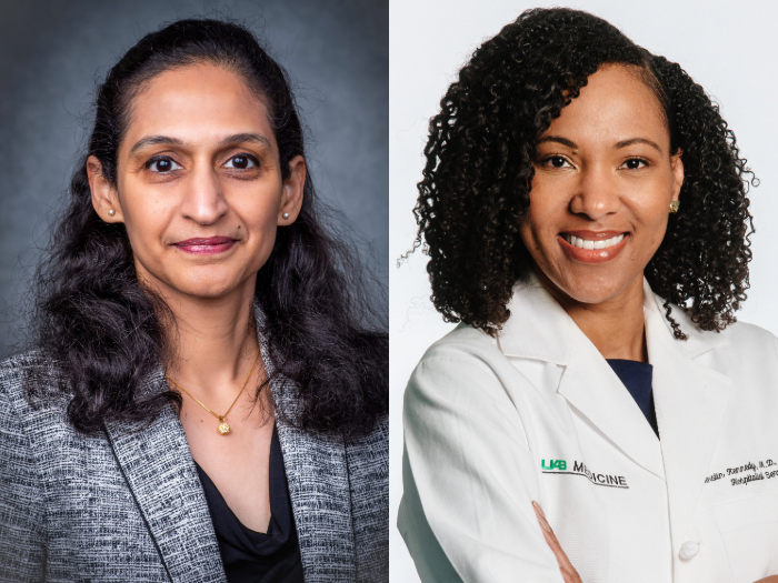Two headshots side by side. The person on the left stands in front of a gray, textured background. The person on the right stands in front of a white background.