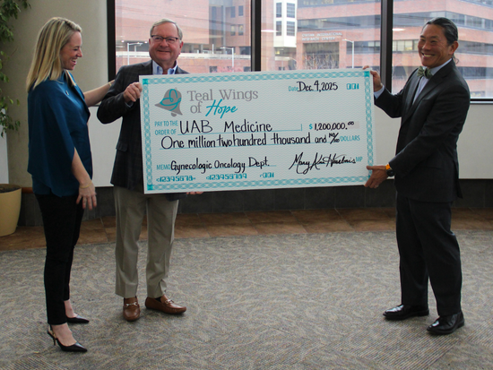 Teal Wings of Hope administration handing check to Dr. Huh, OB/GYN chair