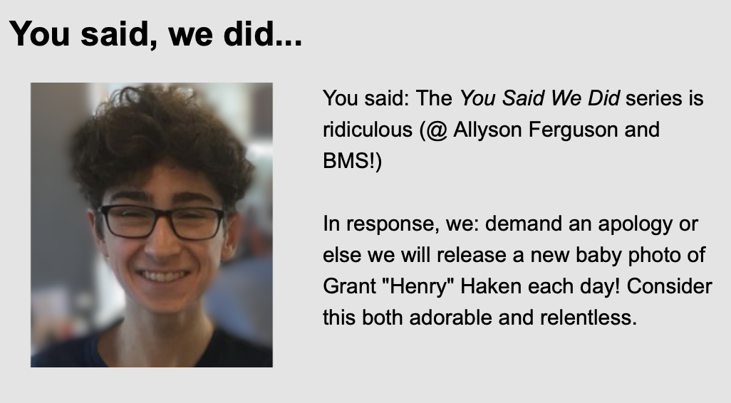An image of recent student newsletter blurb featuring a young Henry Haken.