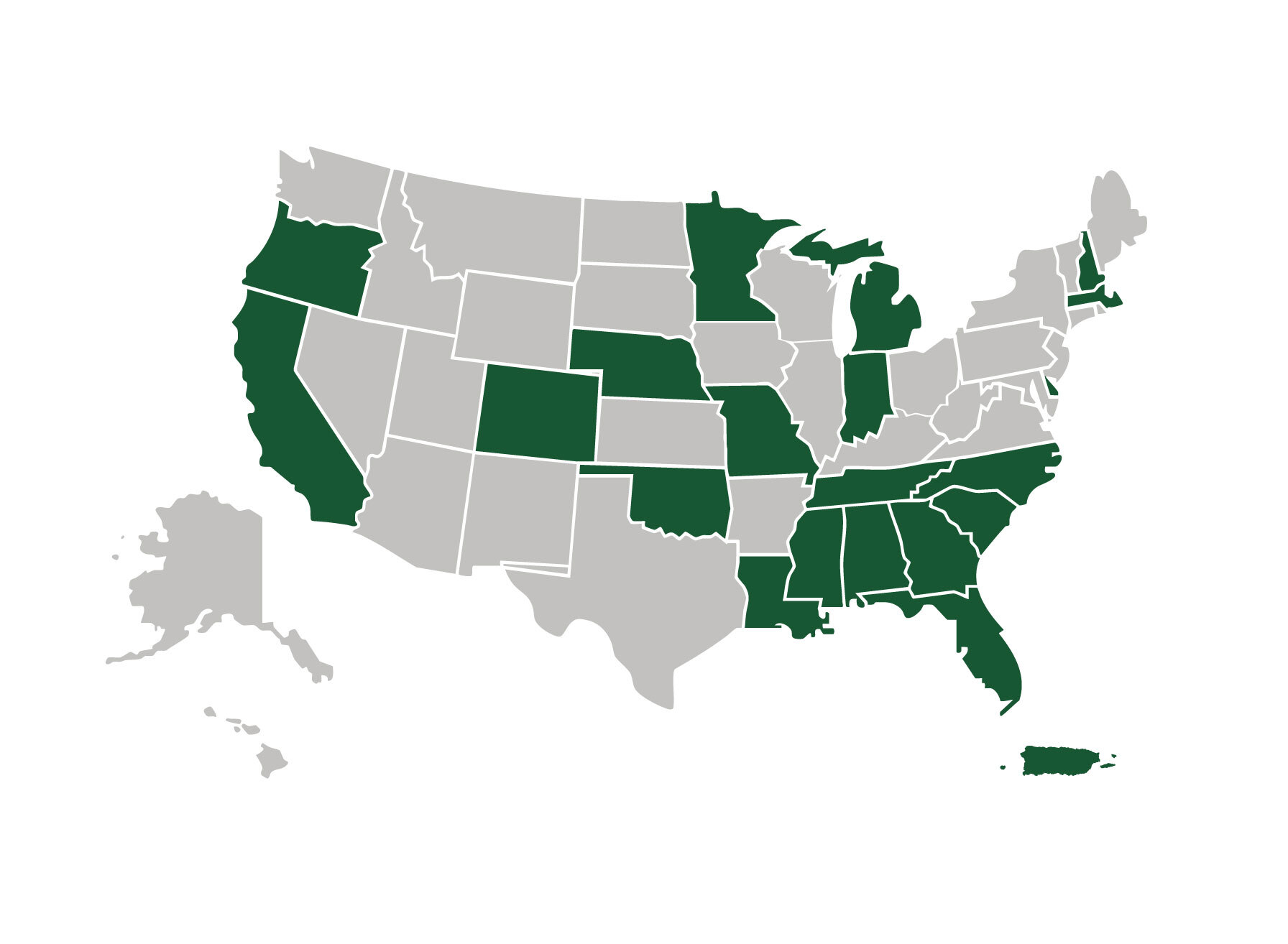 Map of the United States and Puerto Rico, highlighted to show the sates where alumni of the Radiation Oncology Residency Program work.