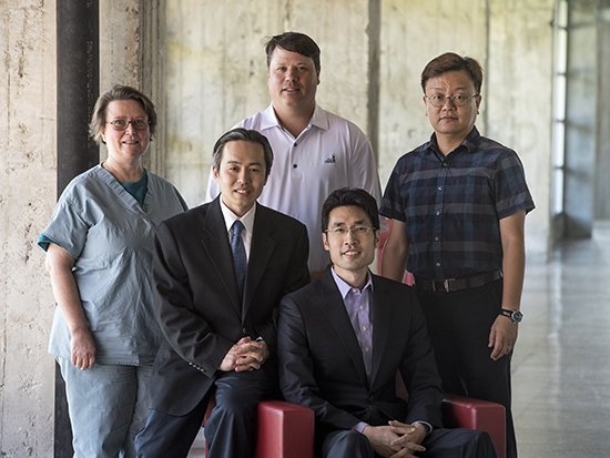 UAB Nanogel Team, including Dr, Brigitta Brott, MD (Professor, Cardiovascular Disease), Dr. Patrick Hwang, PhD (Biomedical Engineering Endomimetics), Dr. Joseph Garner, PhD (Assistant Professor, Biotechnology Program; CEO, Endomimetics), Dr. Ho-Wook Jun, PhD (Professor, Biomedical Engineering), and Dr. Timmy Lee, MD (Associate Professor, Nephrology), at Innovation Depot, 2017.