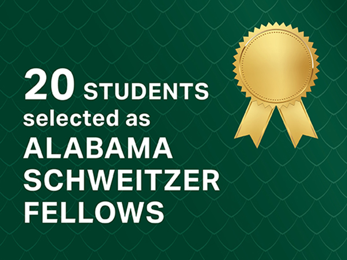 Green UAB graphic that displays the text "20 students selected as Alabama Schweitzer Fellows" with a gold ribbon beside the text.