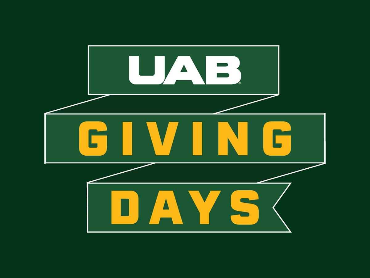 Graphic with a dark green background and with a green ribbon that has three levels with the text "UAB Giving Days" displayed. 