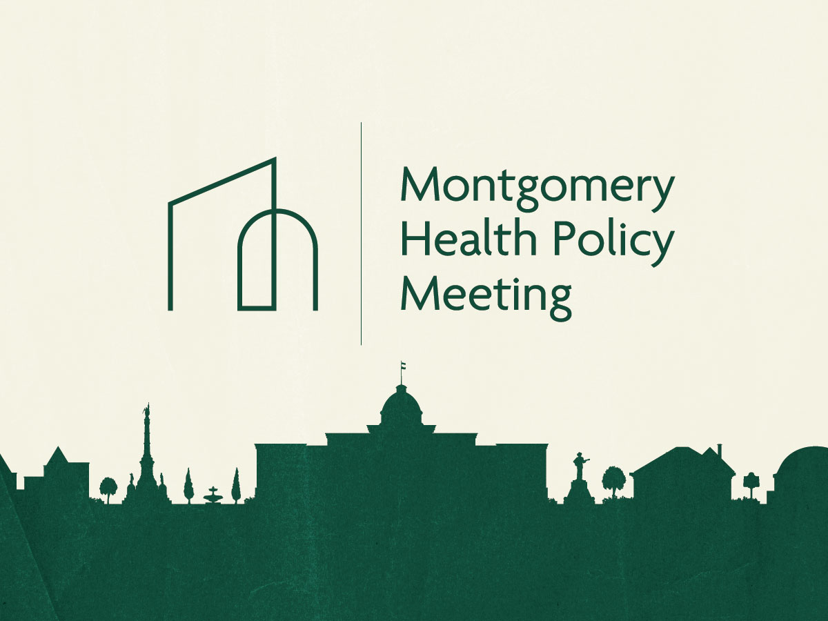 UAB graphic with a tan background and the Montgomery skyline in green with the text "Montgomery Health Policy Meeting" displayed in a thin, green font.  