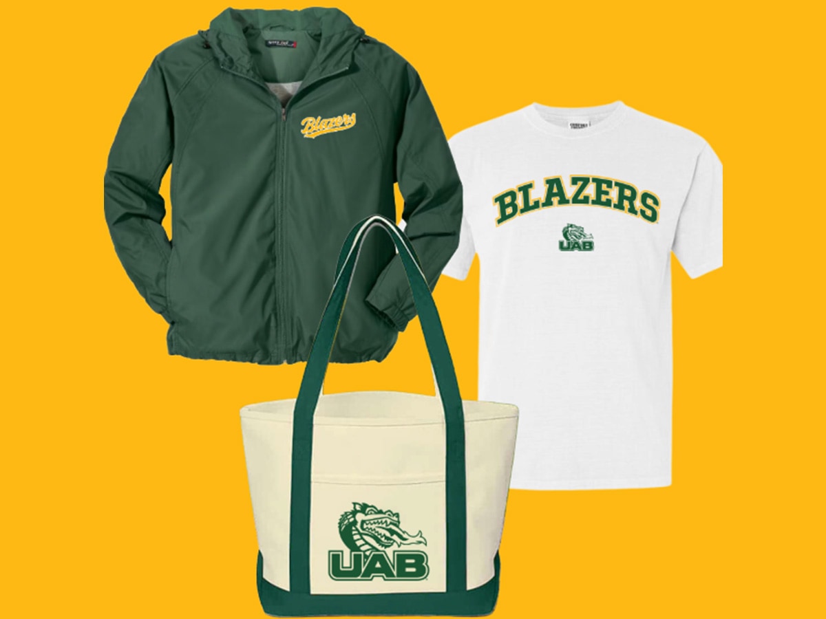 UAB green jacket on top left corner, white Blazers tee on top right corner, green and beige tote bag in bottom middle with UAB Blazer