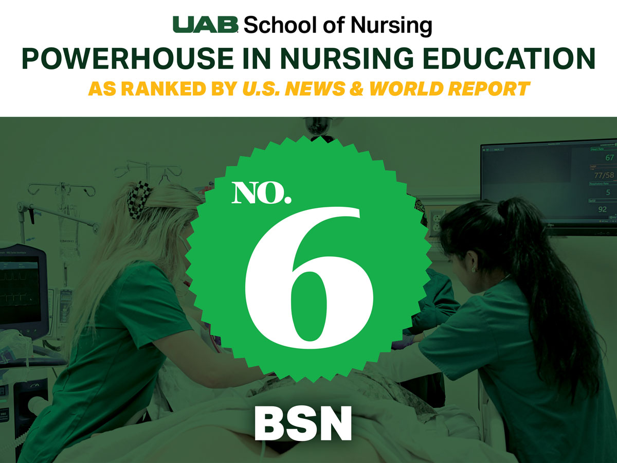 UAB School of Nursing BSN program ranked No. 6 by U.S. News & World Report, displayed over an image of nursing students participating in a clinical simulation.