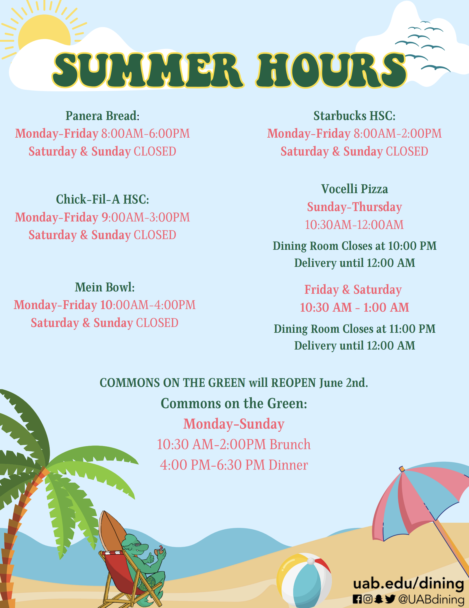 UAB Dining Summer 2025 Hours