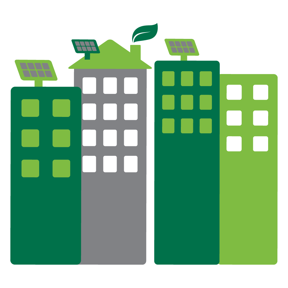 Graphic of 4 buildings with solar panels on top.